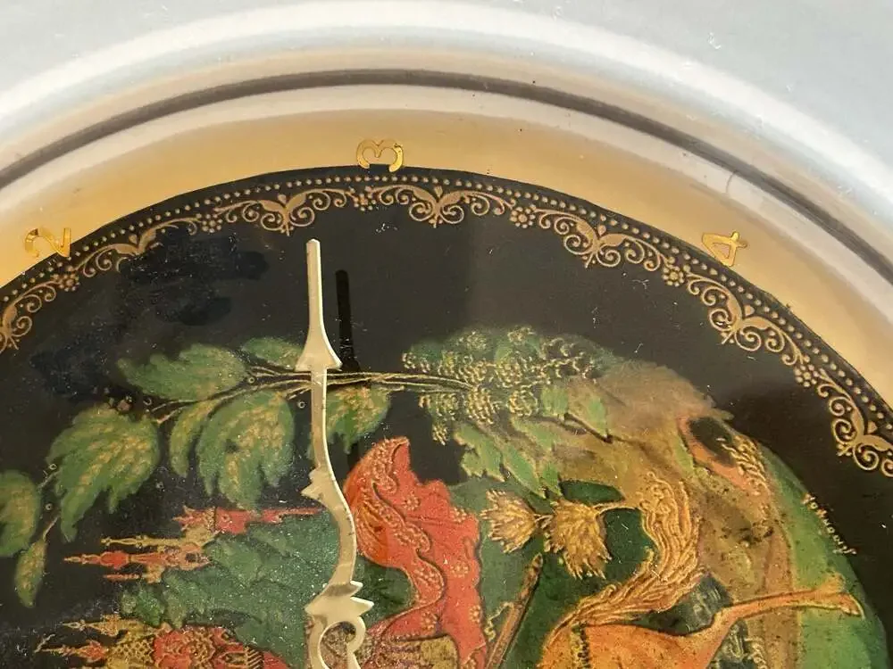 Vintage Russian Lacquer Art Wall Clock Featuring Ruslan and Ludmilla Scene